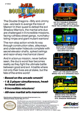 Double Dragon II - The Revenge (USA) (Rev 1) box cover back